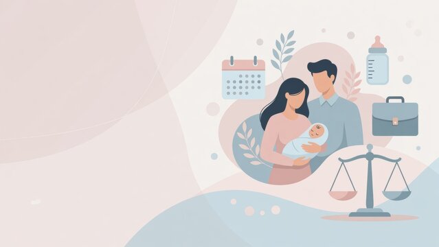 Parents holding newborn baby with work life balance icons, planning parental leave, family responsibilities