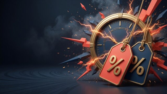Two discount price tags with percentage symbols, promoting sales and limited time offers, with an exploding clock and lightning background