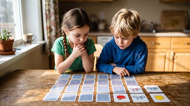 Two young children, a boy and a girl, intently playing a memory card game at a wooden table in a sunlit home.