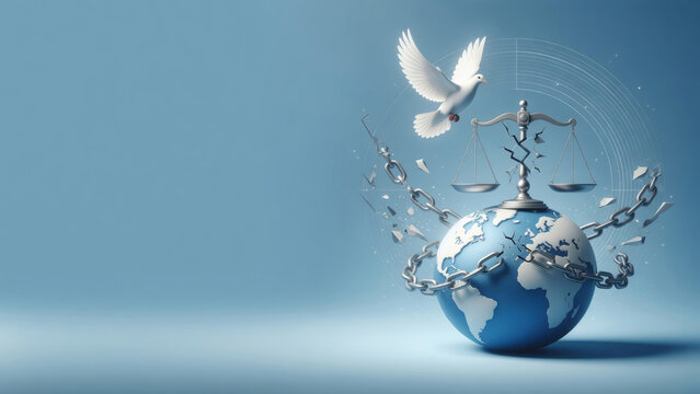Global justice balancing freedom and peace, a dove flying above a world breaking free from chains