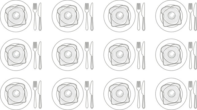 Seamless background pattern featuring line art illustrations of fried egg toast breakfasts on plates with cutlery