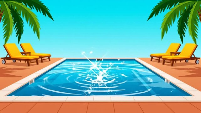 Tranquil Animated Pool Scene with Loungers, Palm Trees, and Sparkling Water on a Bright Day for Relaxation
