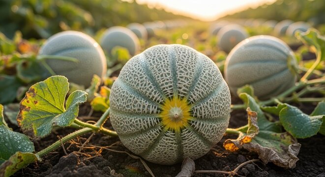 Cantaloupe melons growing in field during sunset.