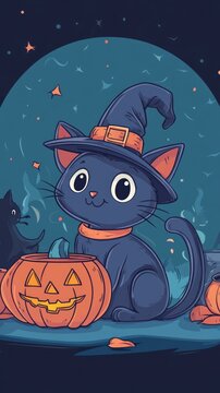 Happy Halloween day greting card for cartoon element. Cute collection of Doodle style cat. Adorable halloween festival elements for decoration, prints.