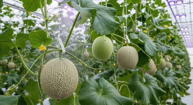 Cantaloupe melons growing on vines in modern greenhouse.