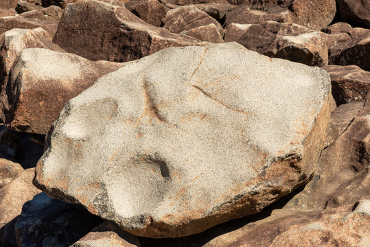Detailed view of weathered diabase boulders at Ringing Rocks County Park in Bucks County, Pennsylvania, emphasizing natural textures and geological formations.