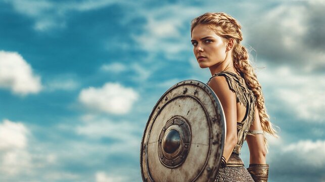 female warrior with braided blonde hair holding round wooden shield, wearing leather armor and chainmail, standing against cloudy sky