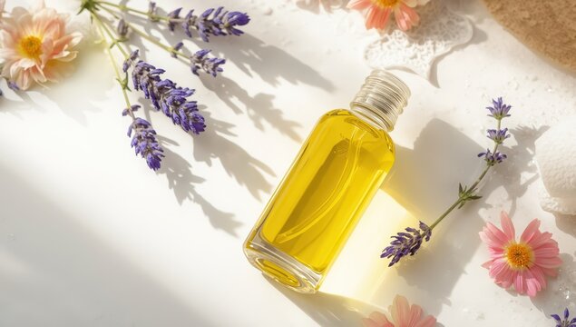 Bottle of essential oil with fresh lavender and flowers on a white background. Hair care idea. Close-up. Blank space.