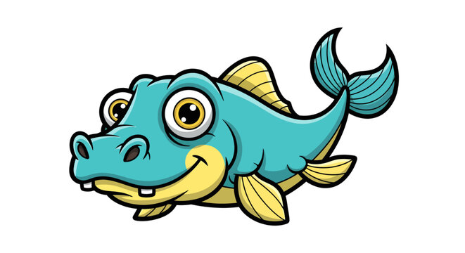 A whimsical cartoon illustration of a friendly, smiling blue fish with a crocodile-like snout and yellow fins, set against a white background.