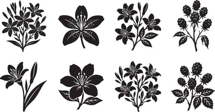 Star shaped lilies and wild blooming branch clusters graphic