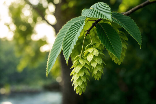 Sunlit Hop‑Hornbeam Seed Catkins and Green Leaves