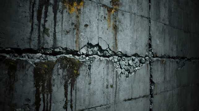 Cracked concrete wall with rust