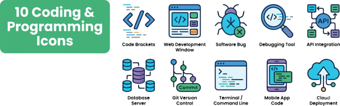 Coding & Programming Icons Set, Software Development, Web Code, API, Database, Debugging and Cloud Deployment Flat Editable Vector Collection