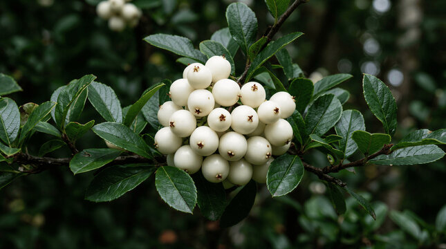 Cluster of White Snowberries Among Green Foliage