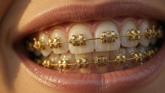 Smiling mouth showing teeth with gold braces, a symbol of luxury, wealth, and modern orthodontic care