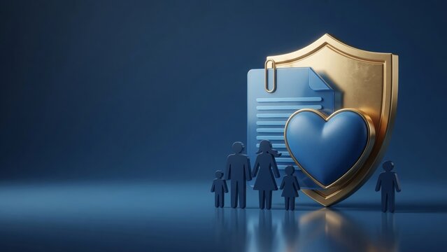 Family and health insurance concept showing protection, security, and care with a shield and paper document