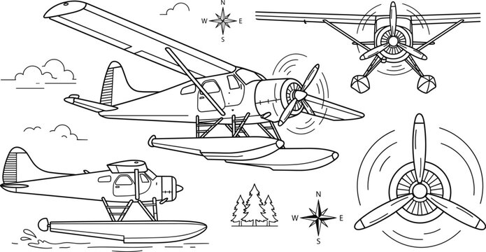 Vintage Seaplane Floatplane Aviation Adventure Coloring Page Elements Vector Outline Line Art