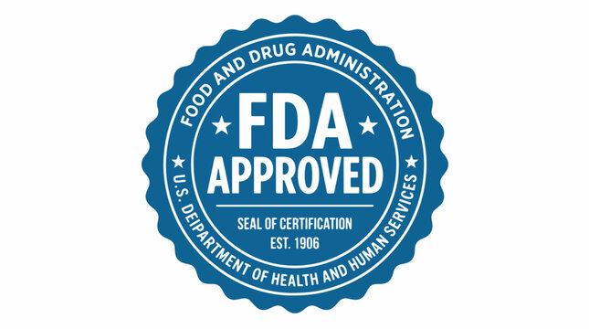 Blue circular vector graphic illustration showing the official food and drug administration fda approved seal stamp