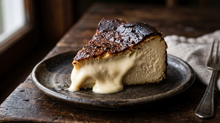 Obraz premium Basque burnt cheesecake slice with caramelized top and oozing creamy custard center