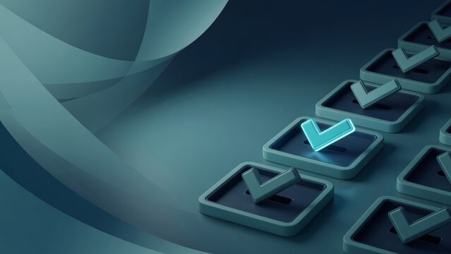 Check marks filling checklist boxes with one glowing, representing achievement, success, and task completion