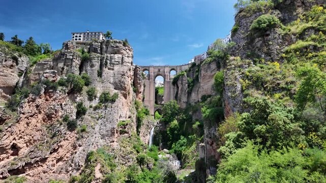 Panoramic view of the Puente Nuevo (New Bridge) in Ronda, Granada, Andalusia, Spain.