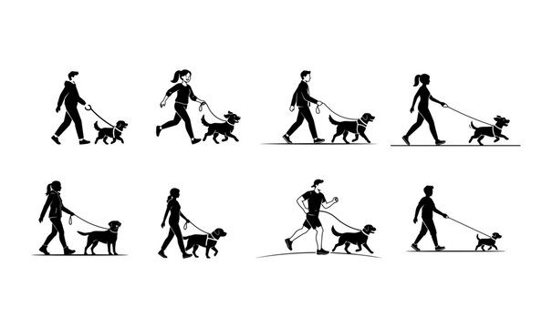 Black Dog Walking Silhouette Collection Flat Vector Set Isolated on PNG Background, dog walking, dog walker, pet owner, walking dog, dog leash, pet care, human silhouette, dog silhouette, pet icon, 