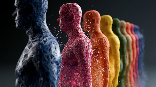 Vibrant human sculptures lineup in colorful gradient formation