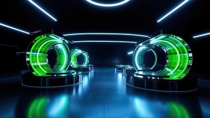 Fototapeta premium Futuristic corridor features glowing circular structures, bright neon lights, dark reflective floor. Minimalist design evokes scifi atmosphere.