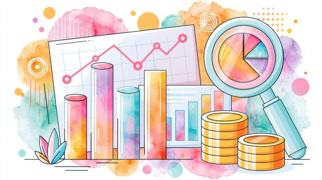 Economy macro trend analysis theme side view water color colored pastel flat design. 