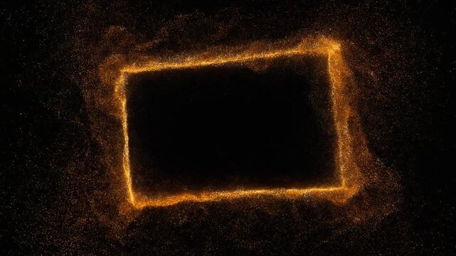 Abstract rectangular frame made of burning orange fire and glowing smoke on a dark background, glowing particle border frame with empty copy space for text or logos