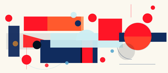 Obraz premium Abstract Geometric Colorful Background, Modern Bauhaus Shapes Pattern. Circles, Rectangles, Playful Design Poster, Wallpaper, Book Cover, Banner, Branding. Creative Art Composition. Vector Backdrop