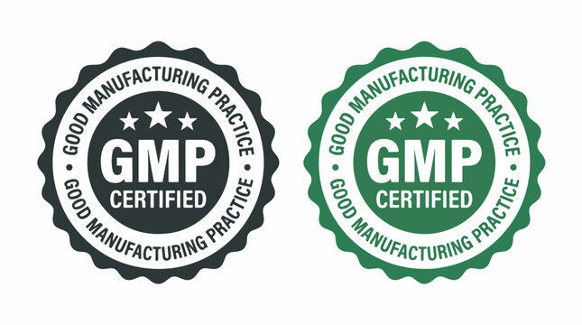 Professional gmp certified vector badge illustration featuring a round stamp design with three white stars
