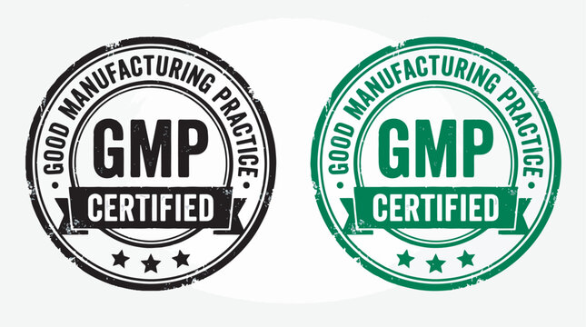 Two circular good manufacturing practice certified vector graphic stamp designs with distressed ink texture effects