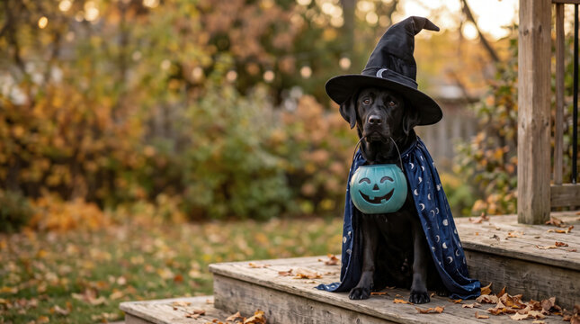 Halloween Black Dog Wearing Witch Hat and Cape Holding Jack O Lantern Bucket in Autumn Park, Cute Festive Pet Portrait