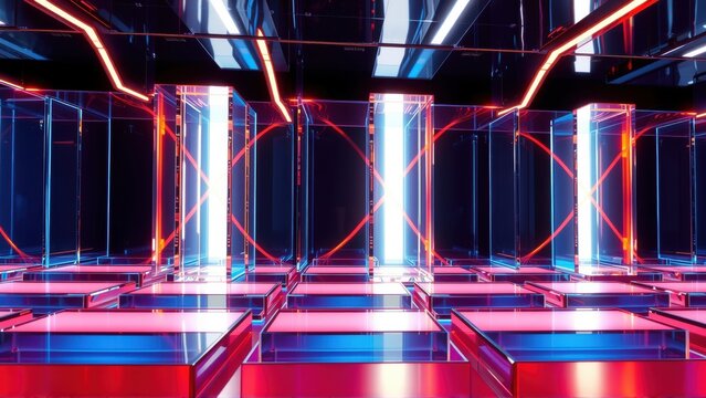 Abstract neon installation. Glowing rectangular prisms, reflective surfaces, dark background. Futuristic design, vibrant colors, symmetrical arrangement.