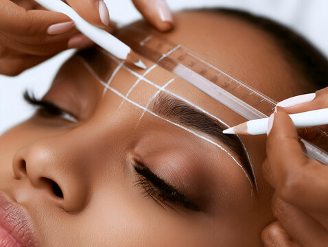 Close-up of eyebrow mapping process with white marking pencil and ruler before permanent makeup procedure, technician's hands, clinical background