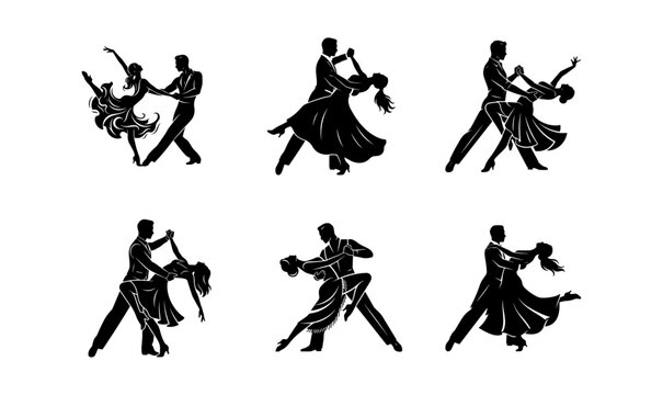 Black Ballroom Dance Couple Silhouette Collection Flat Vector Set Isolated on PNG Background, dance couple, ballroom dance, dancing couple, tango, salsa, waltz, contemporary dance, partner dance, 
