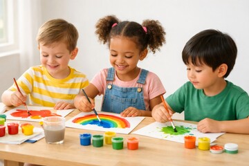 Obraz premium Three happy diverse children are sitting at a wooden table, smiling and painting vibrant pictures with brushes and watercolors, representing creativity, learning, and early childhood development