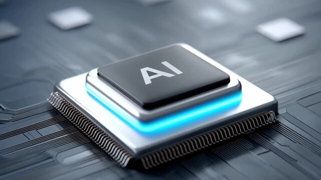AI chip glowing electronic circuit board representing IoT ecosystem innovation technology for companies developing advanced