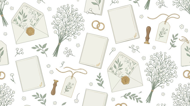 Luxury seamless botanical wedding pattern composed of elegant Baby's Breath (Gypsophila) bouquets, tiny white blossoms, intertwined gold wedding rings, botanical wedding invitation cards, vintage flor