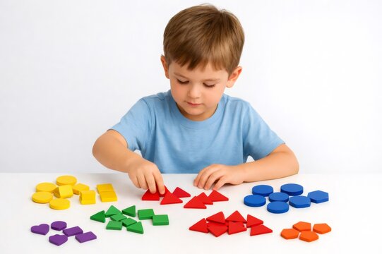 Young boy concentrating on sorting and classifying various brightly colored wooden geometric shapes on a white table, promoting early childhood development and cognitive skills