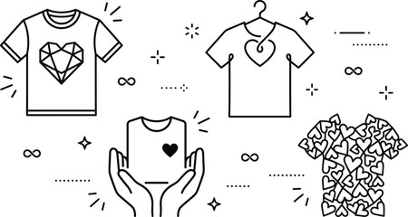 Fototapeta premium Custom T Shirt Clothing Apparel Fashion Design with Heart Graphic Vector Set Line Art