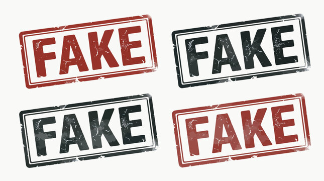 Four rectangular rubber stamp vector illustration designs featuring the word fake with distressed grunge textures