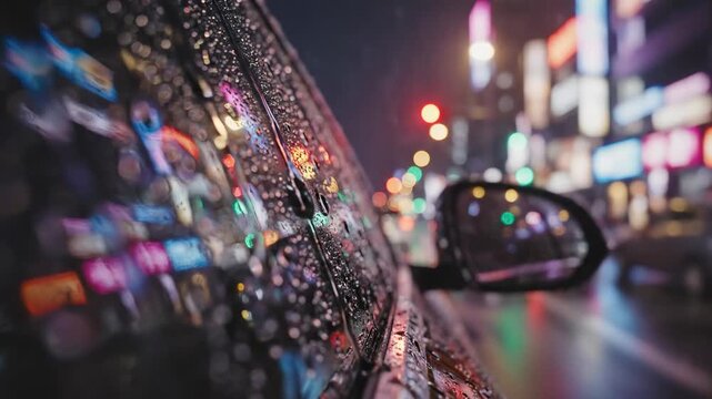 Raindrops on car windows in the city at night with colorful lights shining