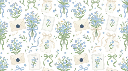 Luxury seamless floral pattern composed of blooming Forget-Me-Not flowers (Myosotis), elegant hand-tied floral bouquets with satin ribbons, vintage envelopes with wax seals, botanical greeting cards,  © khan