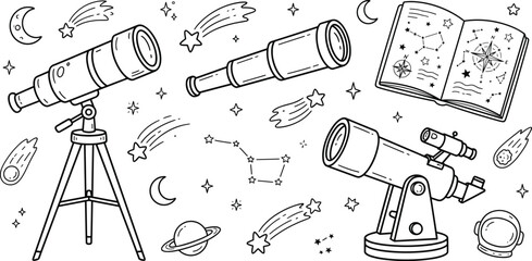 Astronomy Telescope Space Exploration and Stargazing Science Doodle Vector Set Line Art © pappa