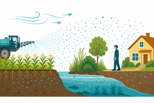 Pesticide spray drift exposure pathway illustration