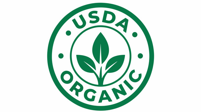 Green circular usda organic seal vector illustration featuring three stylized leaves for food labeling projects