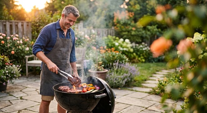 Man grilling vegetables and meat in garden during summer evening  
