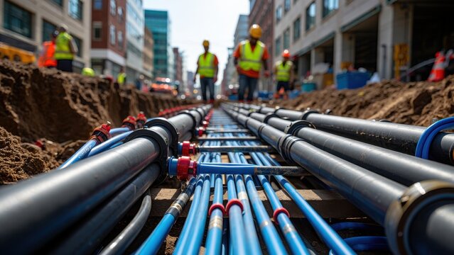 Underground utility construction with fiber optic cables and pipelines, urban infrastructure development, city communication networks, utility workers on site, broadband installation